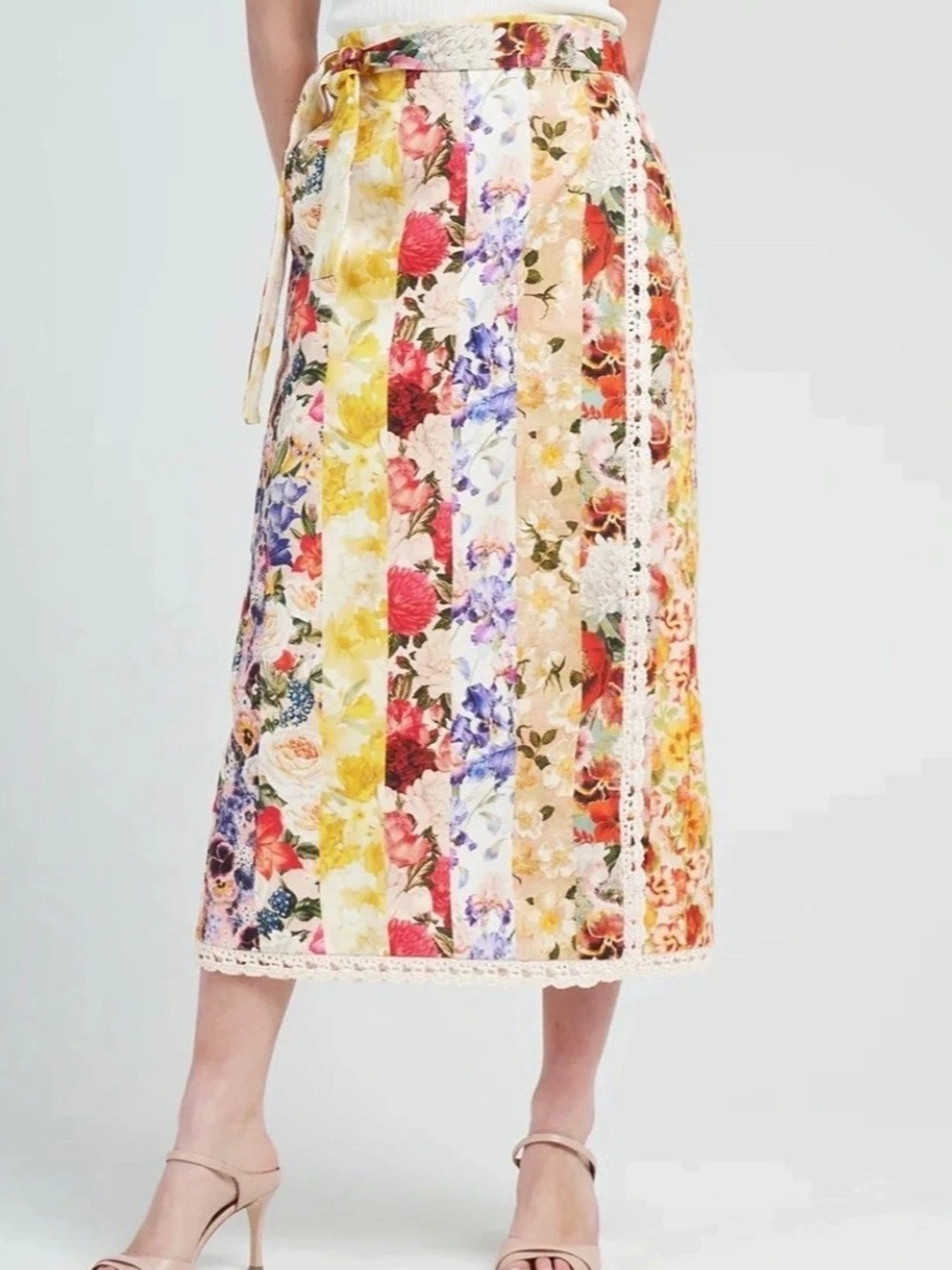 Zimmermann Wonderland Floral Patchwork Linen Wrap Midi Skirt Size 1